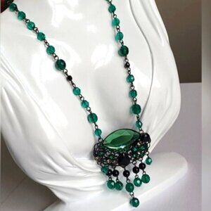 Margherita Buonanno Vintage Emerald Green Black Crystal Boho Beaded Necklace